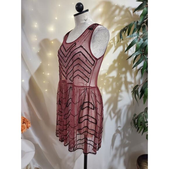Free People Sheer Mesh Beaded Mini Embellished Slip Dress In Plum Size S Flapper - Picture 4 of 15